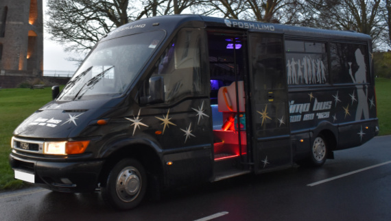 16-seater party bus in black and silver colour scheme