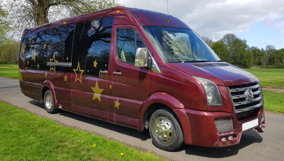 16-seater party bus in Candy Apple colour scheme with glitter finish