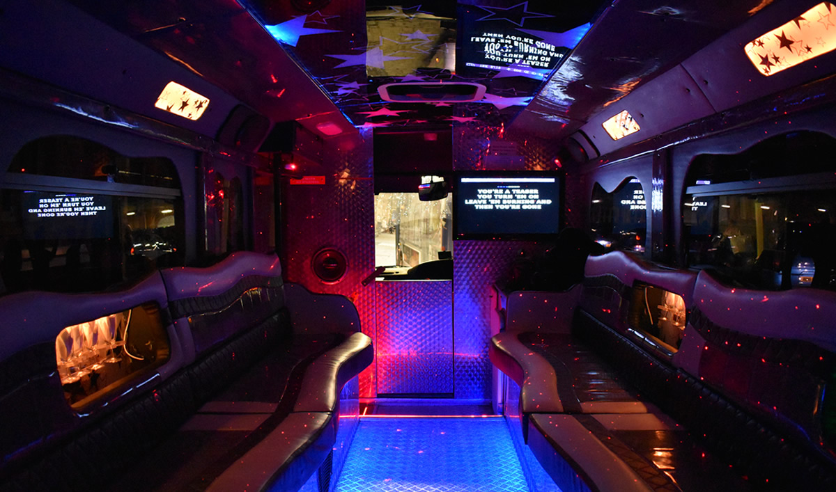 Interior view of party bus with lights switched on