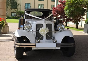 Detailed view of Beauford with ribbons and flowers